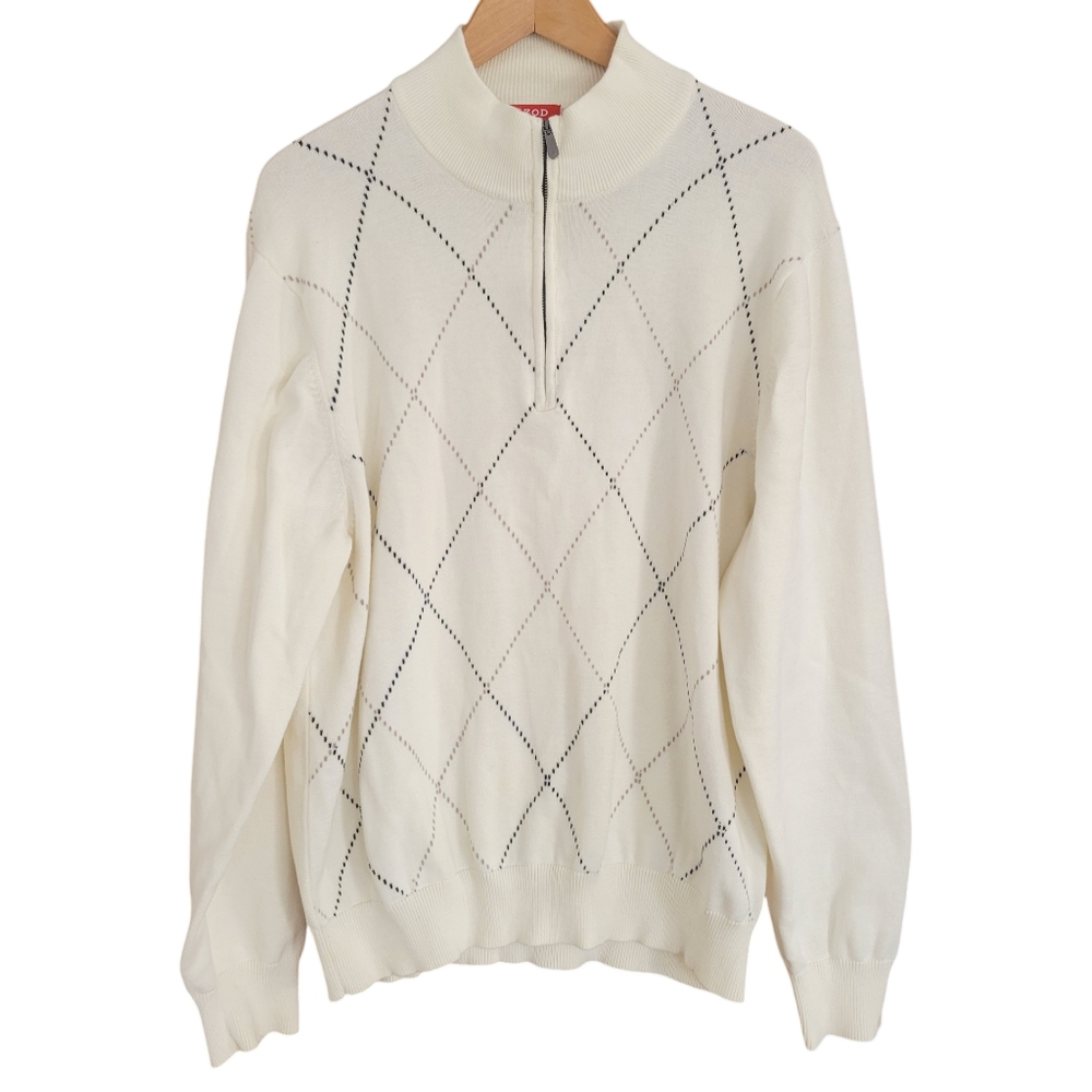 Izod Sweater Mens Size Large Ivory White 1/4 Zip Up 100% Cotton